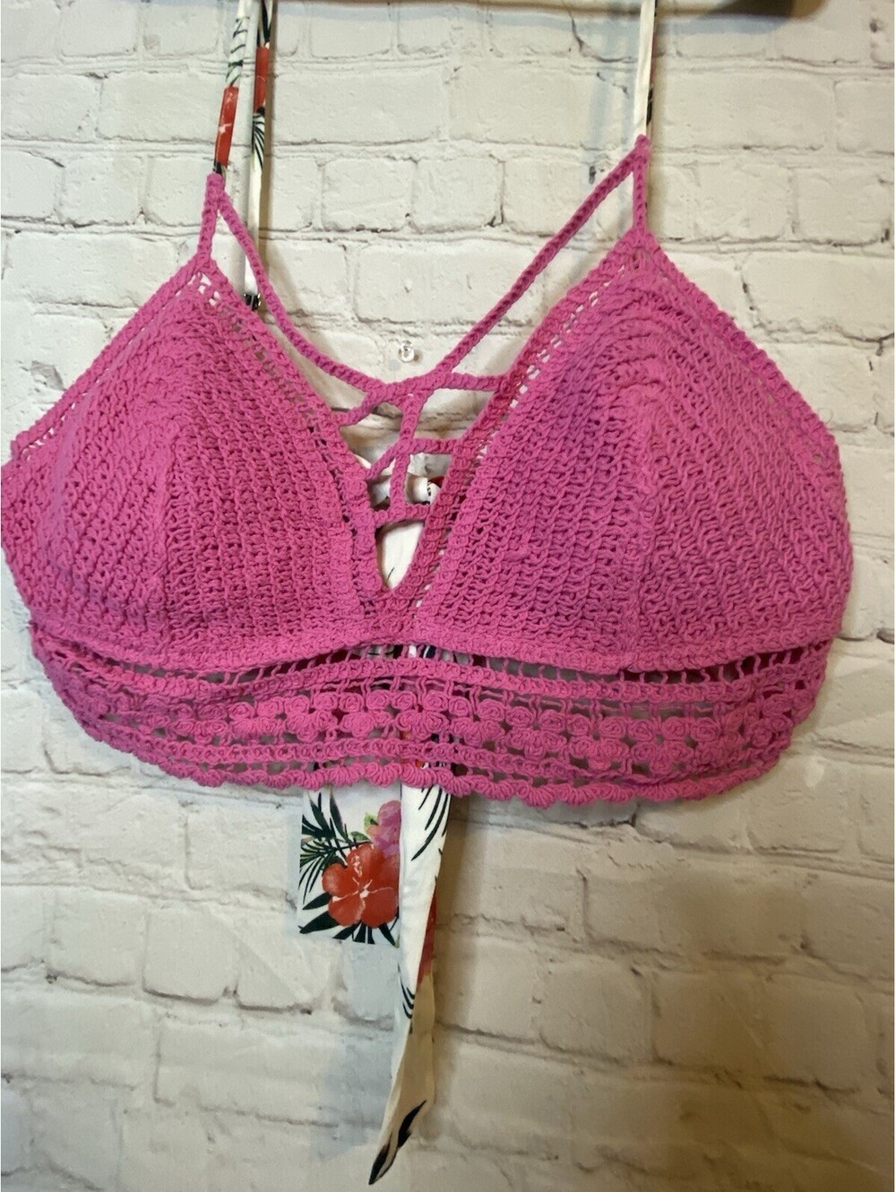 Festive Coral Pink Cotton Crochet Halter Swim Boho Hippie XL